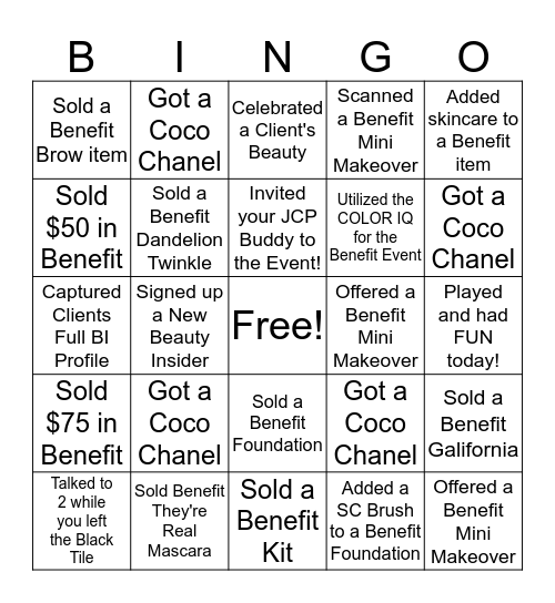 Benefit  Bingo Card