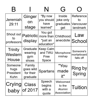 TWU Convocation Bingo Card