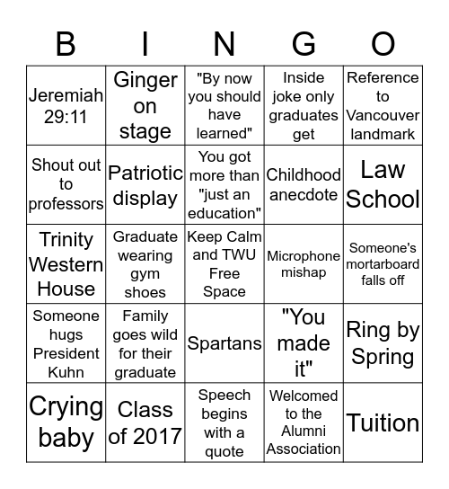 TWU Convocation Bingo Card