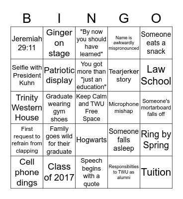 TWU Convocation Bingo Card