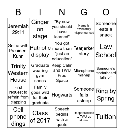TWU Convocation Bingo Card