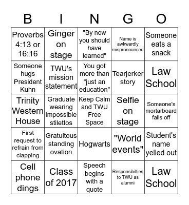 TWU Convocation Bingo Card