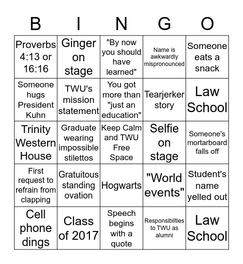 TWU Convocation Bingo Card