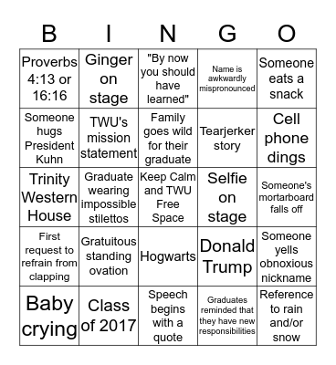 TWU Convocation Bingo Card