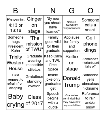 TWU Convocation Bingo Card