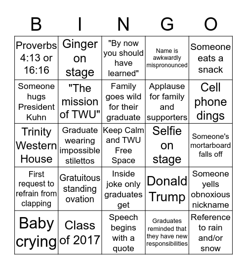 TWU Convocation Bingo Card