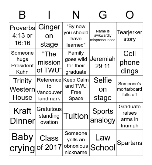 TWU Convocation Bingo Card