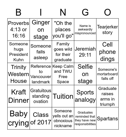 TWU Convocation Bingo Card