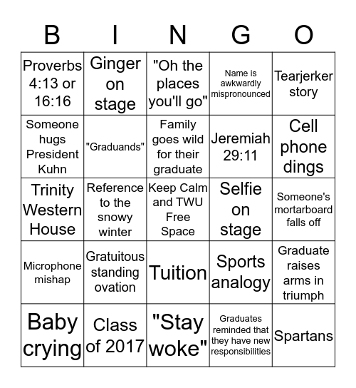 TWU Convocation Bingo Card