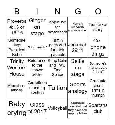 TWU Convocation Bingo Card