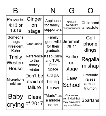 TWU Convocation Bingo Card