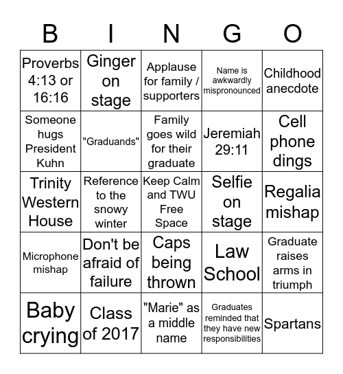 TWU Convocation Bingo Card