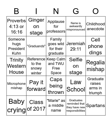 TWU Convocation Bingo Card