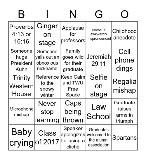 TWU Convocation Bingo Card