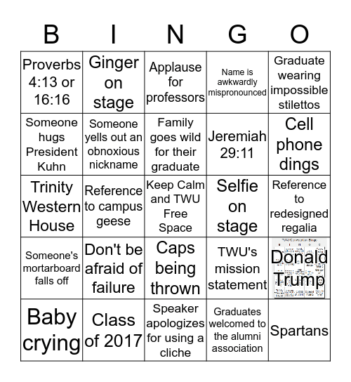 TWU Convocation Bingo Card