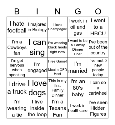 Our Family Dinner - Houston - "Champagne Life" Bingo Card