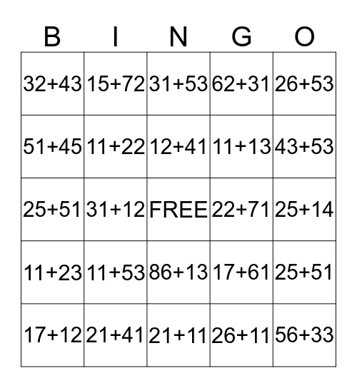 Two Digit Addition Bingo Card