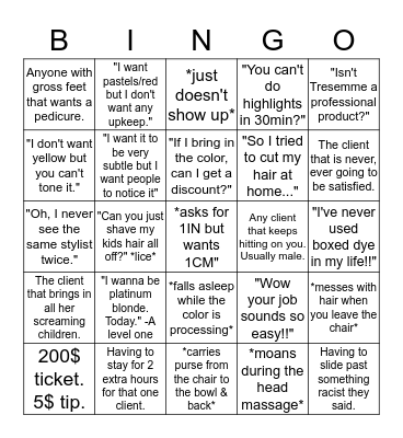 Hairstylist Bingo Card