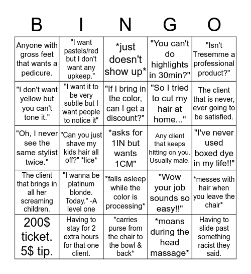 Hairstylist Bingo Card
