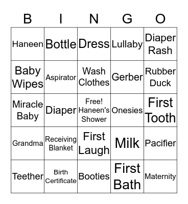 Haneen's Baby Shower Bingo Card