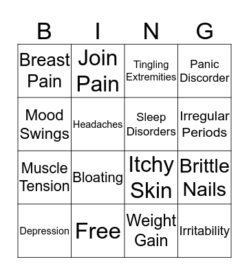 Menopause Symptom Bingo Card