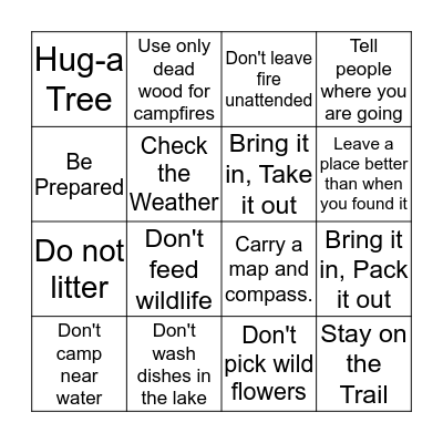 Leave No Trace Bingo Card