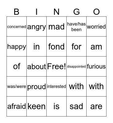 Verbs + Prepositions = Feelings  Bingo Card