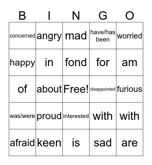 Verbs + Prepositions = Feelings  Bingo Card