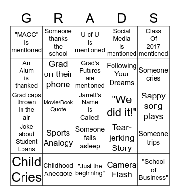 Jarrett's Graduation Bingo! Bingo Card