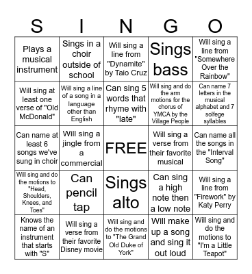 SINGO - Find someone who... Bingo Card