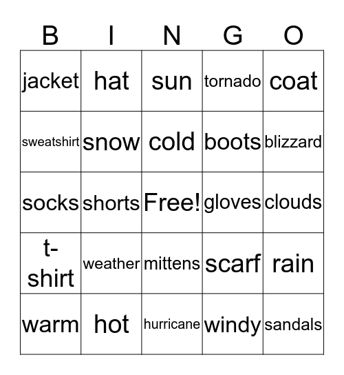 Weather & Clothing Bingo Card