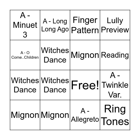 Bow Length Bingo Card