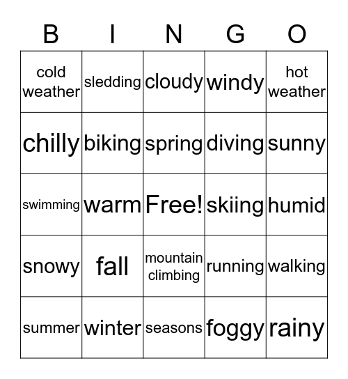 Weather_Seasons_Outdoor Activities Bingo Card