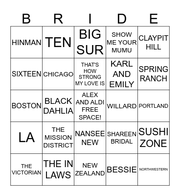 ALEX'S BRIDAL SHOWER BINGO Card