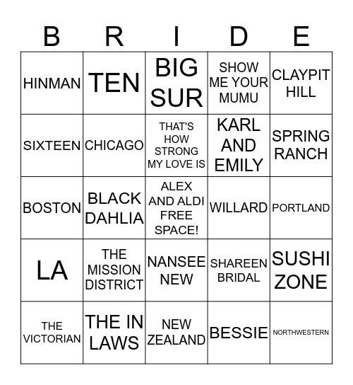 ALEX'S BRIDAL SHOWER BINGO Card