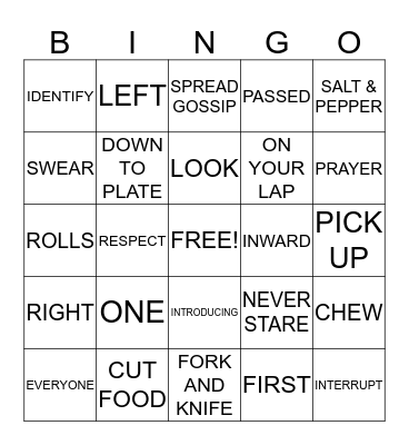 Good Manners Bingo Card