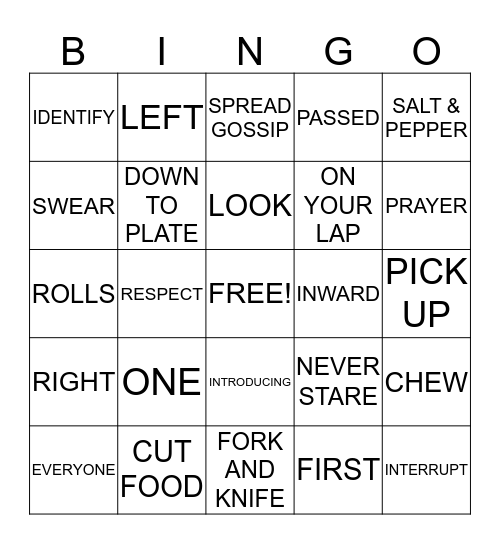 Good Manners Bingo Card