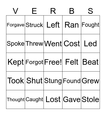 Irregular Verbs Bingo Card