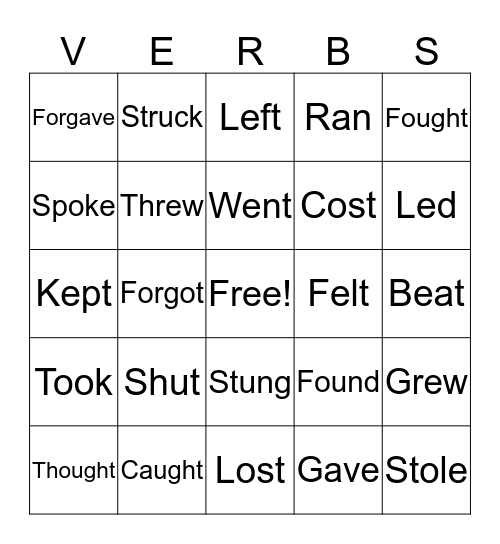 Irregular Verbs Bingo Card