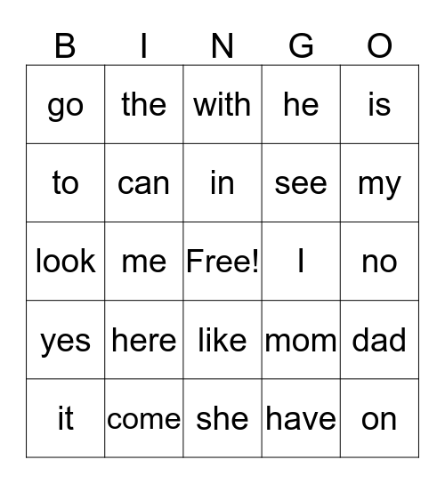 Kindergarten sight word bingo Card