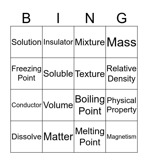 Matter and Energy Bingo Card