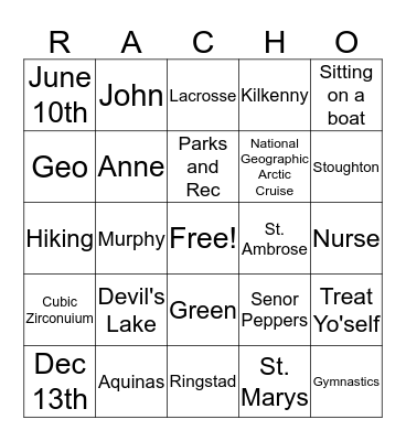 Rachel BINGO Card