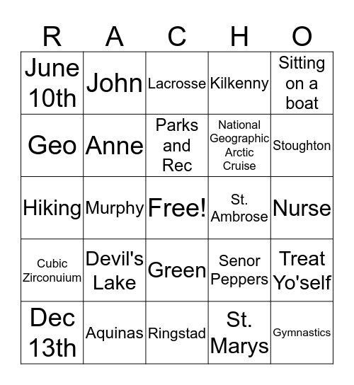Rachel BINGO Card