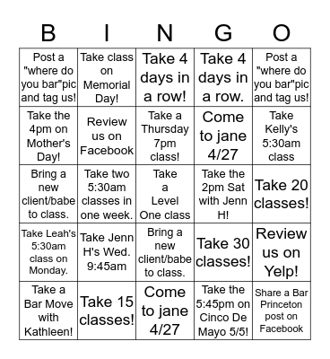 Bar Method Bingo 4/24- 5/29 Bingo Card