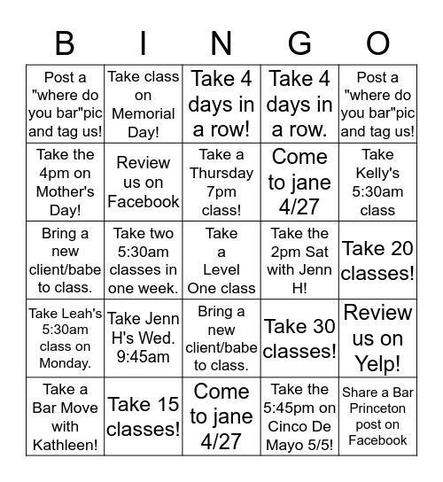 Bar Method Bingo 4/24- 5/29 Bingo Card