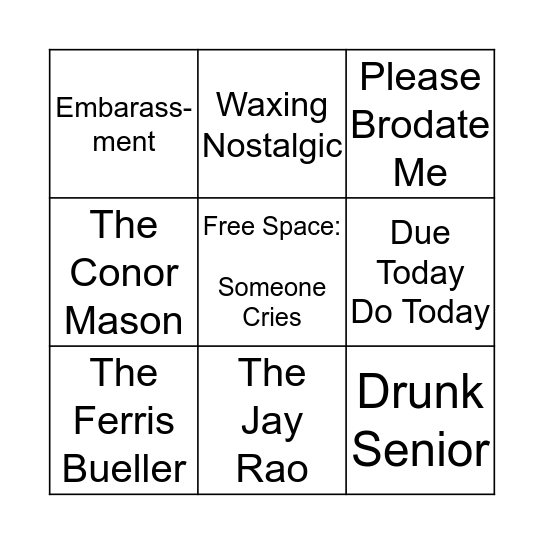 Theta Tau Senior Sendoff 2017 Bingo Card