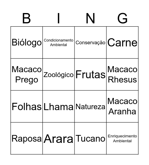 Bingo do Parque Zoobotânico Bingo Card