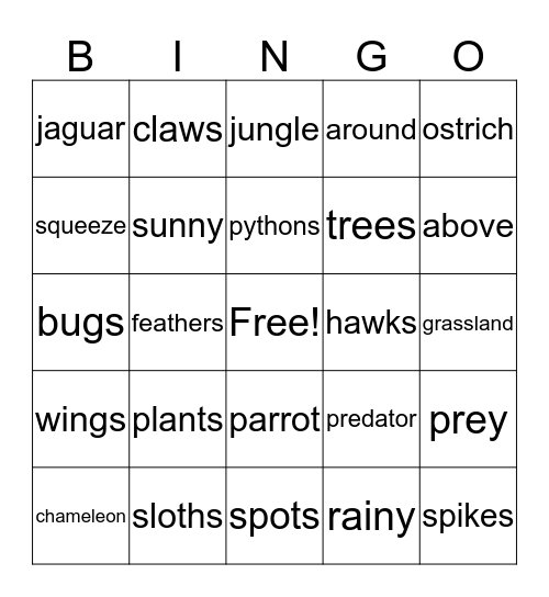 All animals Bingo Card