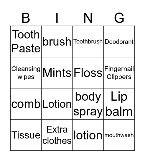 Hygiene Bingo Card
