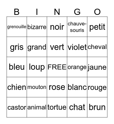 LES ANIMAUX ET NOUS Bingo Card